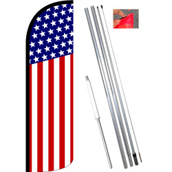 USA FLAG (Pattern/Vertical) Windless Feather Flag Bundle (11.5' Tall Flag, 15' Tall Flagpole, Ground Mount Stake)