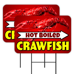 Hot Boiled Crawfish 2 Pack Double-Sided Yard Signs 16" x 24" with Metal Stakes (Made in Texas)