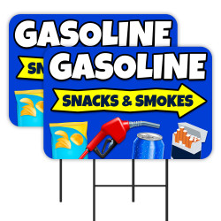 Gasoline Snacks & Smokes 2 Pack Double-Sided Yard Signs 16" x 24" with Metal Stakes (Made in Texas)