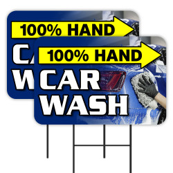 100% Hand Car Wash 2 Pack Double-Sided Yard Signs 16" x 24" with Metal Stakes (Made in Texas)