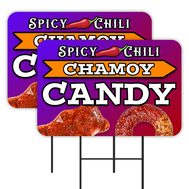 Spicy Chili Chamoy Candy 2 Pack Double-Sided Yard Signs 16" x 24" with Metal Stakes (Made in Texas)