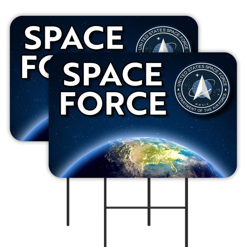 Space Force 2 Pack Double-Sided Yard Signs 16" x 24" with Metal Stakes (Made in Texas)