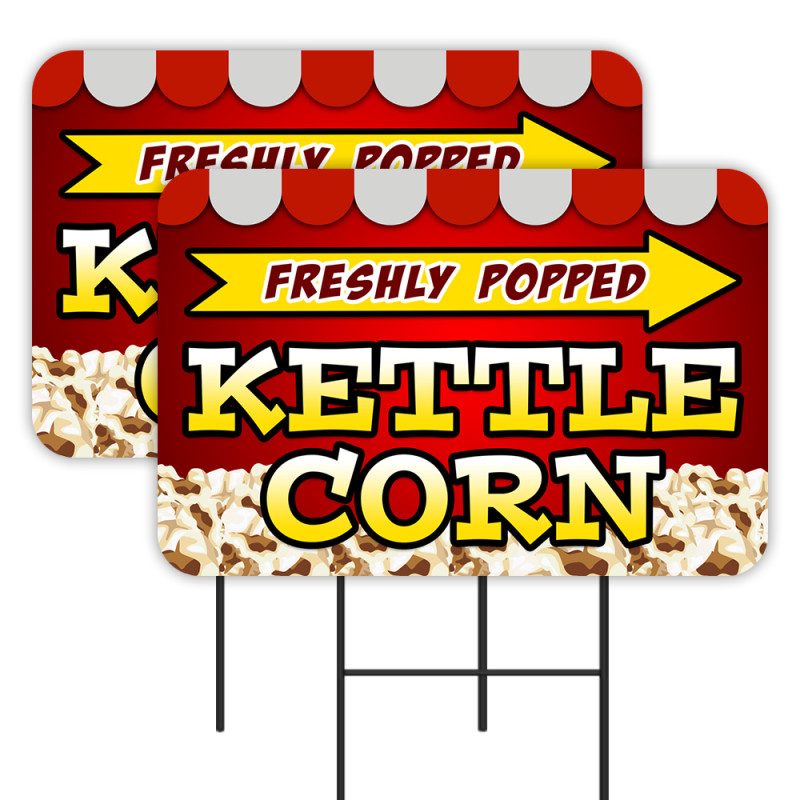 Kettle Corn 2 Pack Double-Sided Yard Signs 16" x 24" with Metal Stakes (Made in Texas)