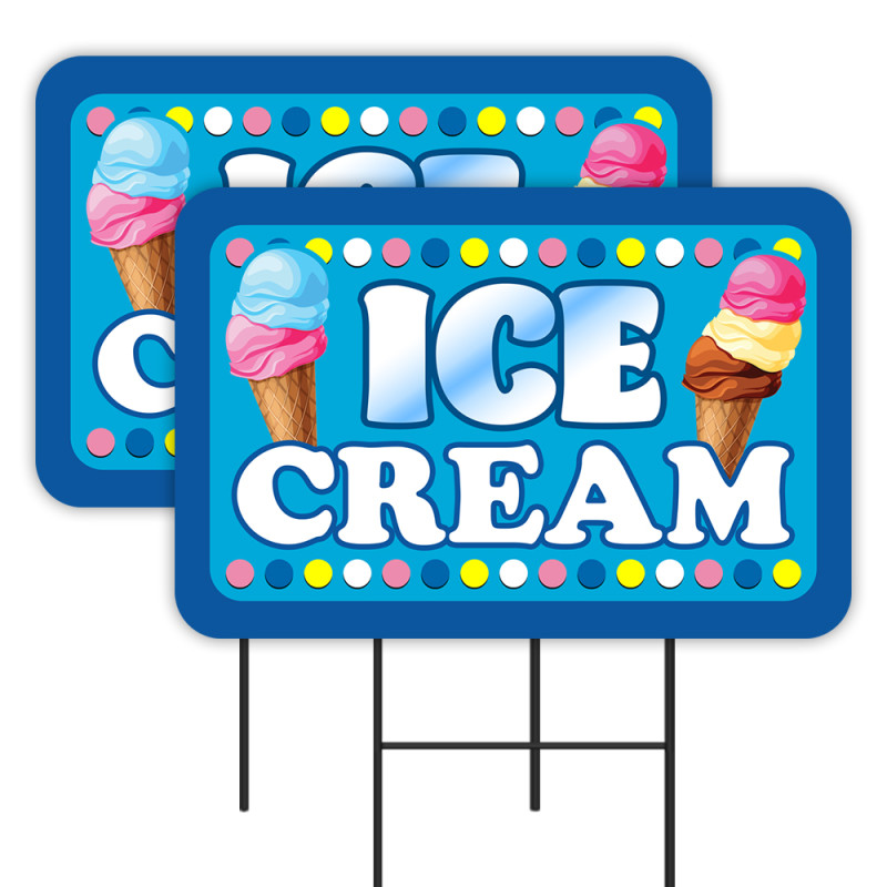 ICE CREAM 2 Pack Double-Sided Yard Signs 16" x 24" with Metal Stakes (Made in Texas)