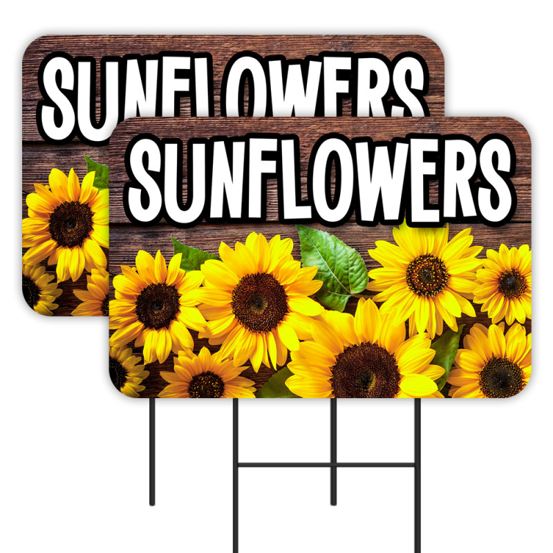 Sunflowers 2 Pack Double-Sided Yard Signs 16" x 24" with Metal Stakes (Made in Texas)