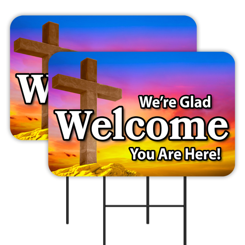 Welcome - Church Cross 2 Pack Double-Sided Yard Signs 16" x 24" with Metal Stakes (Made in Texas)