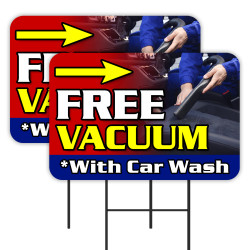 FREE Vacuum With Car Wash 2 Pack Double-Sided Yard Signs 16" x 24" with Metal Stakes (Made in Texas)
