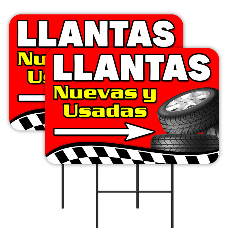 LLANTAS Nuevas y Usadas 2 Pack Double-Sided Yard Signs 16" x 24" with Metal Stakes (Made in Texas)