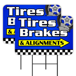 Tires Brakes & Alignments 2 Pack Double-Sided Yard Signs 16" x 24" with Metal Stakes (Made in Texas)