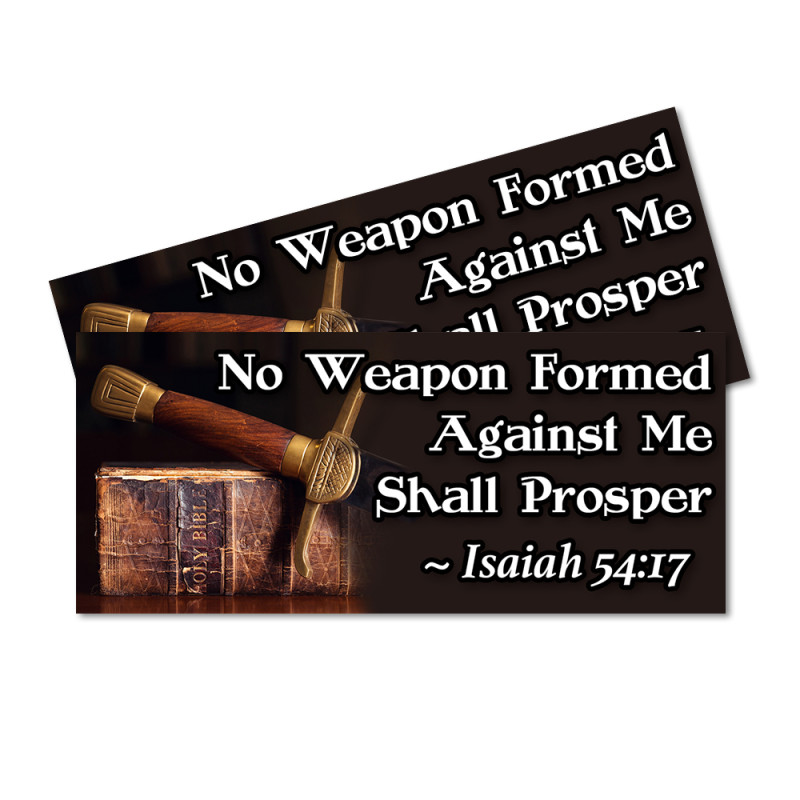 No Weapon Formed Against Me - Isaiah 54:17 Car Decals 2 Pack Removable Bumper Stickers (9x4 inches)