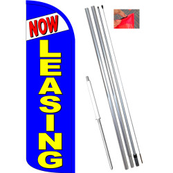 NOW LEASING (Blue) Windless Feather Flag Bundle (11.5' Tall Flag, 15' Tall Flagpole, Ground Mount Stake)