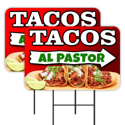 Tacos Al Pastor 2 Pack Double-Sided Yard Signs 16" x 24" with Metal Stakes (Made in Texas)