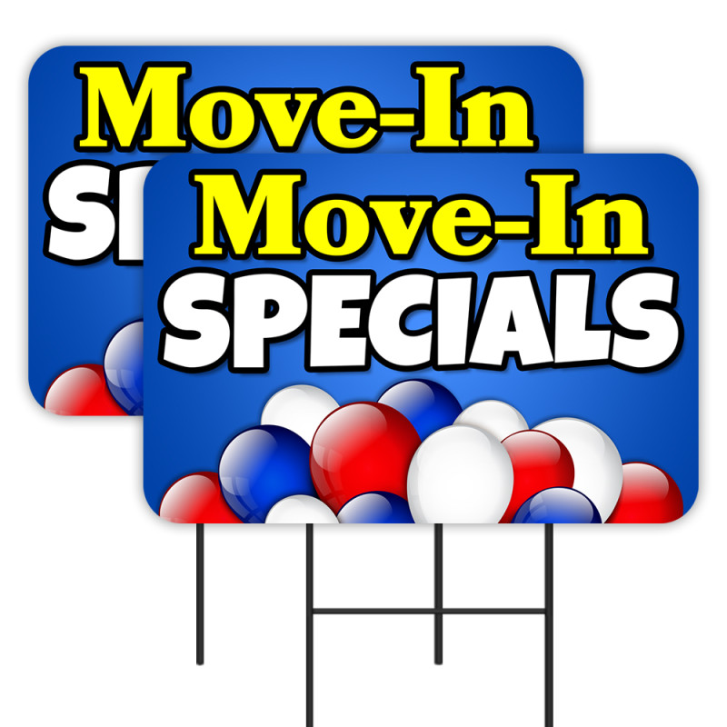 Move In Specials 2 Pack Double-Sided Yard Signs 16" x 24" with Metal Stakes (Made in Texas)