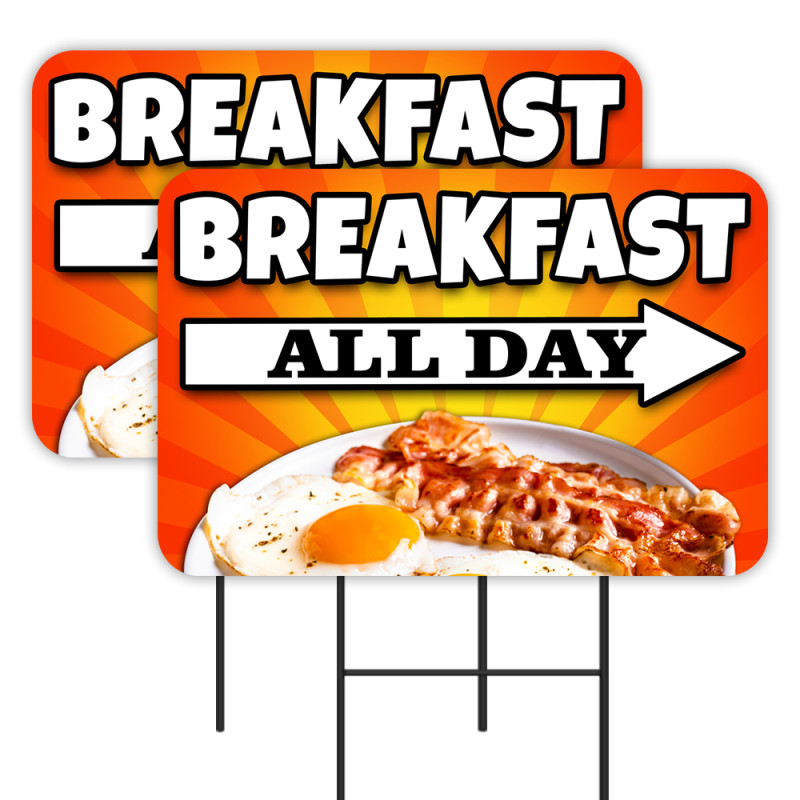 Breakfast Served All Day 2 Pack Double-Sided Yard Signs 16" x 24" with Metal Stakes (Made in Texas)