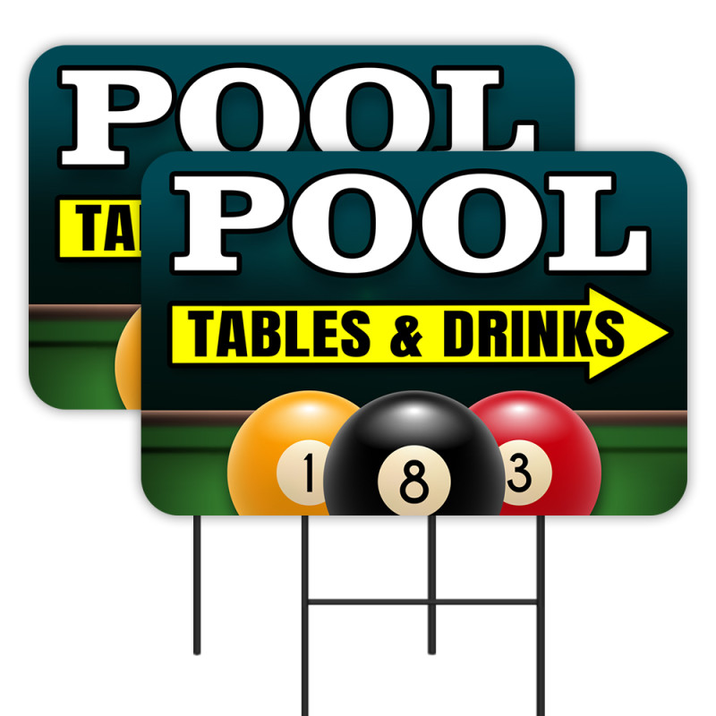 Pool Tables & Drinks - Billiards 2 Pack Double-Sided Yard Signs 16" x 24" with Metal Stakes (Made in Texas)