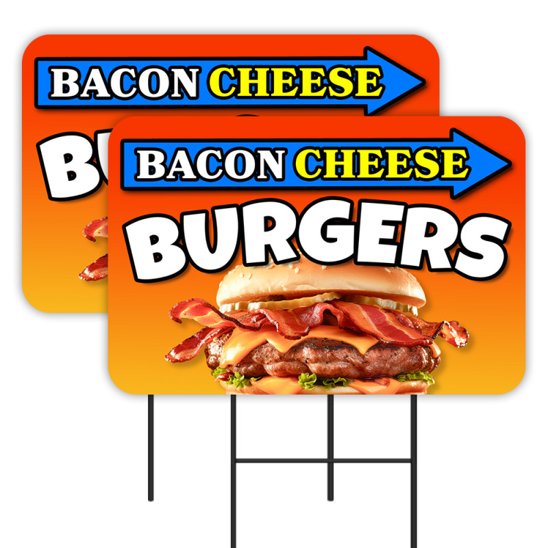 Bacon Cheeseburgers 2 Pack Double-Sided Yard Signs 16" x 24" with Metal Stakes (Made in Texas)