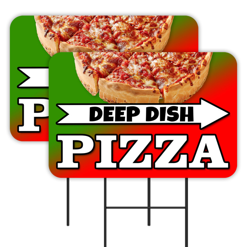 Deep Dish Pizza 2 Pack Double-Sided Yard Signs 16" x 24" with Metal Stakes (Made in Texas)