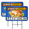 Fried Fish Sandwiches 2 Pack Double-Sided Yard Signs 16" x 24" with Metal Stakes (Made in Texas)