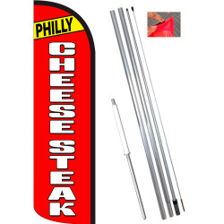 PHILLY CHEESESTEAK Premium Windless Feather Flag Bundle (11.5' Tall Flag, 15' Tall Flagpole, Ground Mount Stake) Flag Printed in