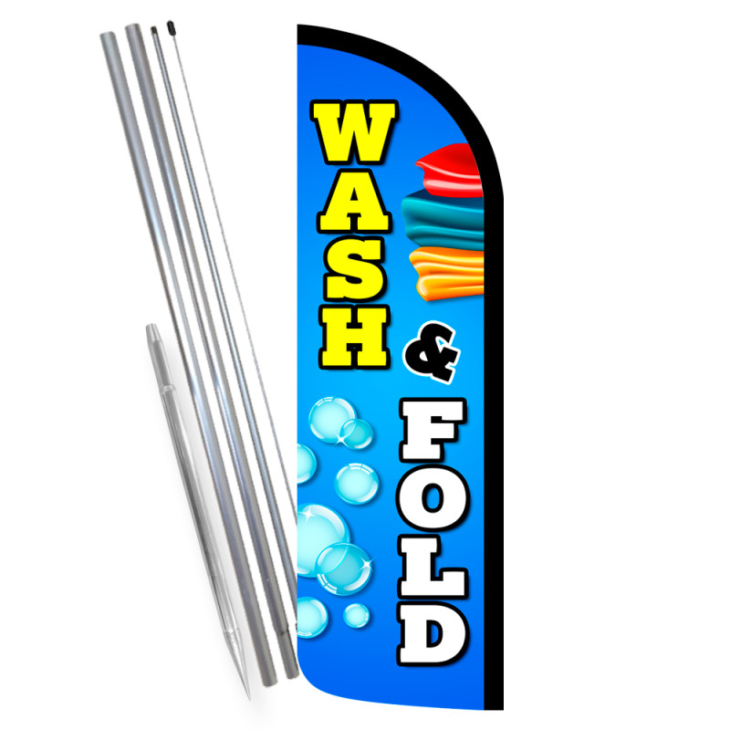 Wash & Fold - Laundromat Dry Cleaner Premium Windless Feather Flag Bundle (Complete Kit) OR Optional Replacement Flag Only