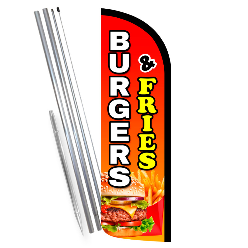 Burgers & Fries Premium Windless Feather Flag Bundle (Complete Kit) OR Optional Replacement Flag Only