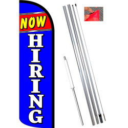 NOW HIRING (Blue/White) Windless Feather Flag Bundle (11.5' Tall Flag, 15' Tall Flagpole, Ground Mount Stake) 841098167783