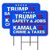 Trump Safety & Jobs - Kamala Crime & Taxes 2 Pack Double-Sided Yard Signs 16" x 24" with Metal Stakes (Made in Texas)