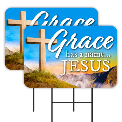 Grace Has A Name - Jesus 2 Pack Double-Sided Yard Signs 16" x 24" with Metal Stakes (Made in Texas)