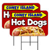 Coney Island Hot Dogs 2 Pack Double-Sided Yard Signs 16" x 24" with Metal Stakes (Made in Texas)