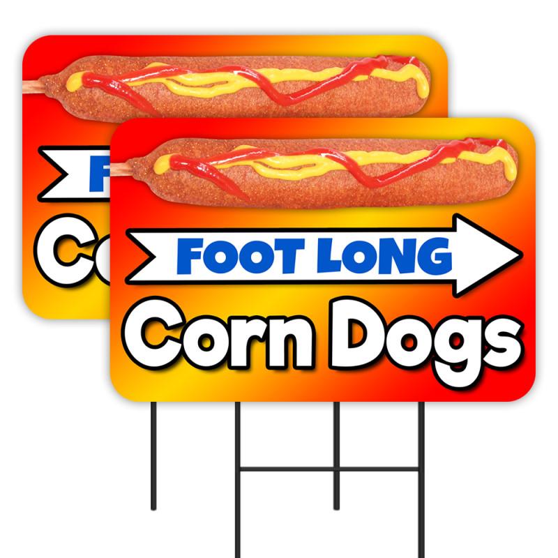 Foot Long Corn Dogs 2 Pack Double-Sided Yard Signs 16" x 24" with Metal Stakes (Made in Texas)