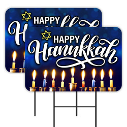 Happy Hanukkah 2 Pack Double-Sided Yard Signs 16" x 24" with Metal Stakes (Made in Texas)