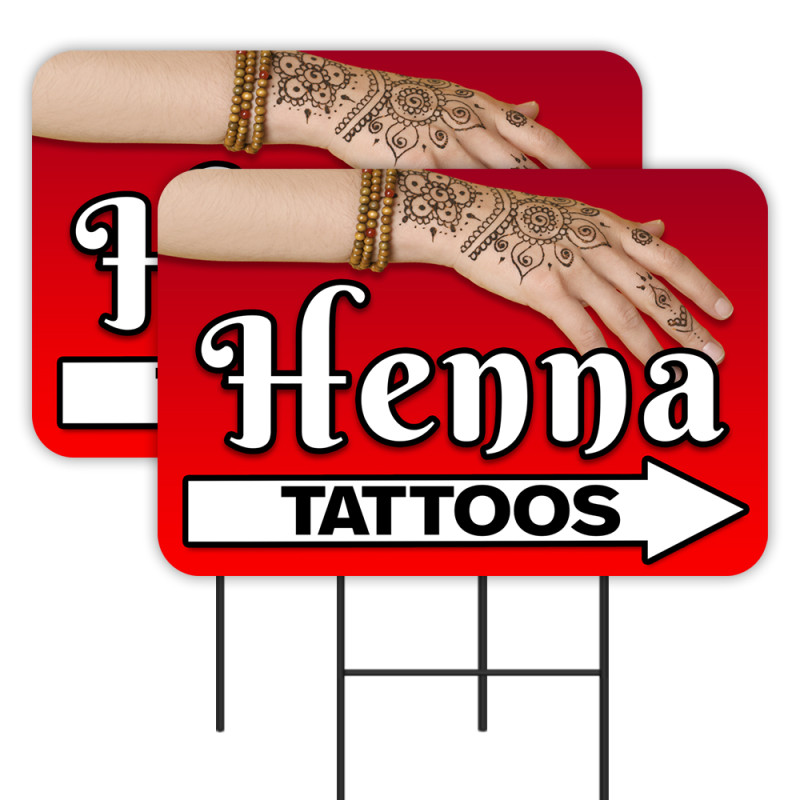 Henna Tattoos 2 Pack Double-Sided Yard Signs 16" x 24" with Metal Stakes (Made in Texas)