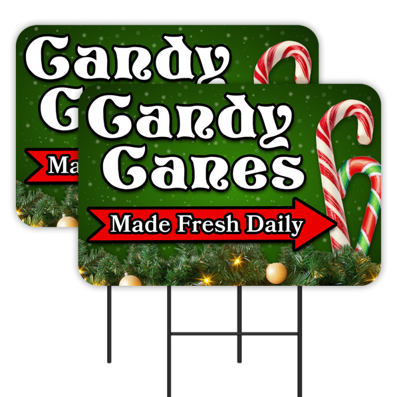 Candy Canes Made Fresh Daily 2 Pack Double-Sided Yard Signs 16" x 24" with Metal Stakes (Made in Texas)