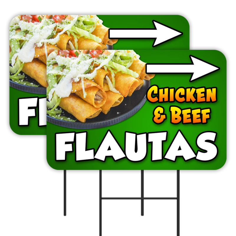 Flautas - Chicken & Beef 2 Pack Double-Sided Yard Signs 16" x 24" with Metal Stakes (Made in Texas)