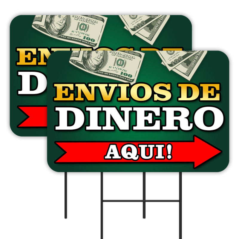 Envios De Dinero Aqui 2 Pack Double-Sided Yard Signs 16" x 24" with Metal Stakes (Made in Texas)