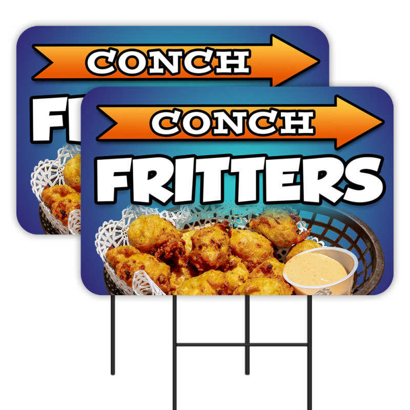 Conch Fritters 2 Pack Double-Sided Yard Signs 16" x 24" with Metal Stakes (Made in Texas)