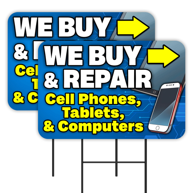 Buy Repair Cell Phones Tablets Computers 2 Pack Double-Sided Yard Signs 16" x 24" with Metal Stakes (Made in Texas)