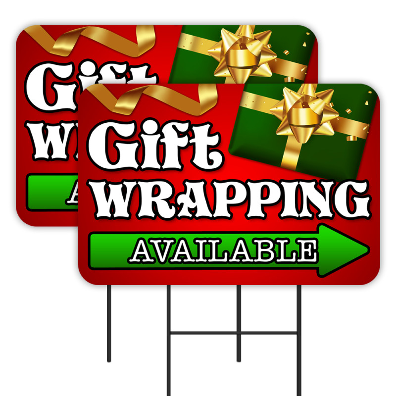 Gift Wrapping Available 2 Pack Double-Sided Yard Signs 16" x 24" with Metal Stakes (Made in Texas)