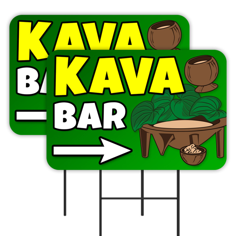 Kava Bar 2 Pack Double-Sided Yard Signs 16" x 24" with Metal Stakes (Made in Texas)