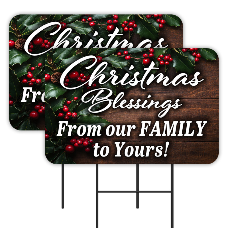 Christmas Blessings - From Our Family To Yours 2 Pack Double-Sided Yard Signs 16" x 24" with Metal Stakes (Made in Texas)