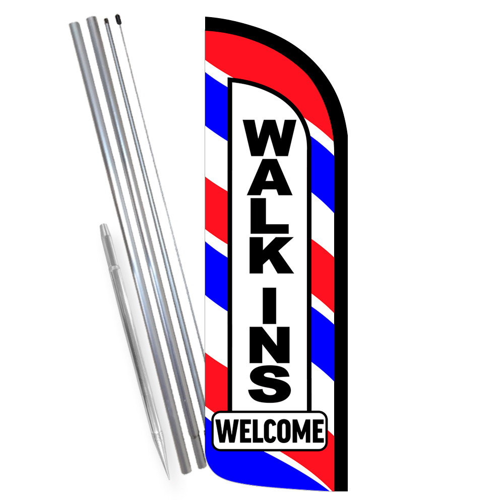 Walk Ins Welcome – Barber Shop Premium Windless Feather Flag Bundle (Complete Ki