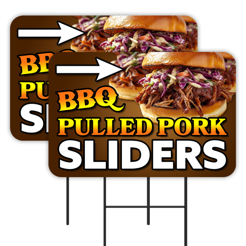 Pulled Pork Sliders 2 Pack Double-Sided Yard Signs 16" x 24" with Metal Stakes (Made in Texas)