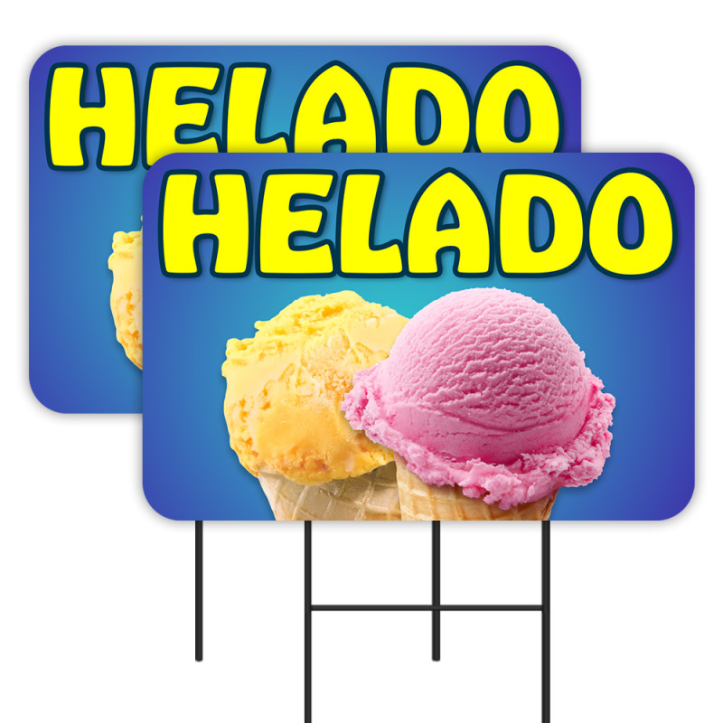 Helado - Ice Cream 2 Pack Double-Sided Yard Signs 16" x 24" with Metal Stakes (Made in Texas)