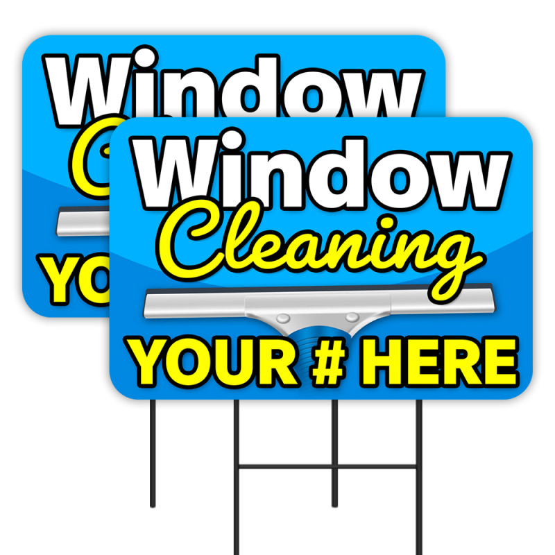 Window Cleaning - Customizable Phone Number 2 Pack Double-Sided Yard Signs 16" x 24" with Metal Stakes (Made in Texas)