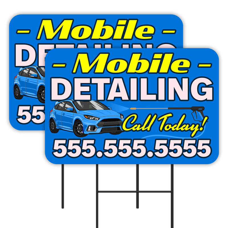 Mobile Auto Detailing - Customizable Phone Number 2 Pack Double-Sided Yard Signs 16" x 24" with Metal Stakes (Made in Texas)