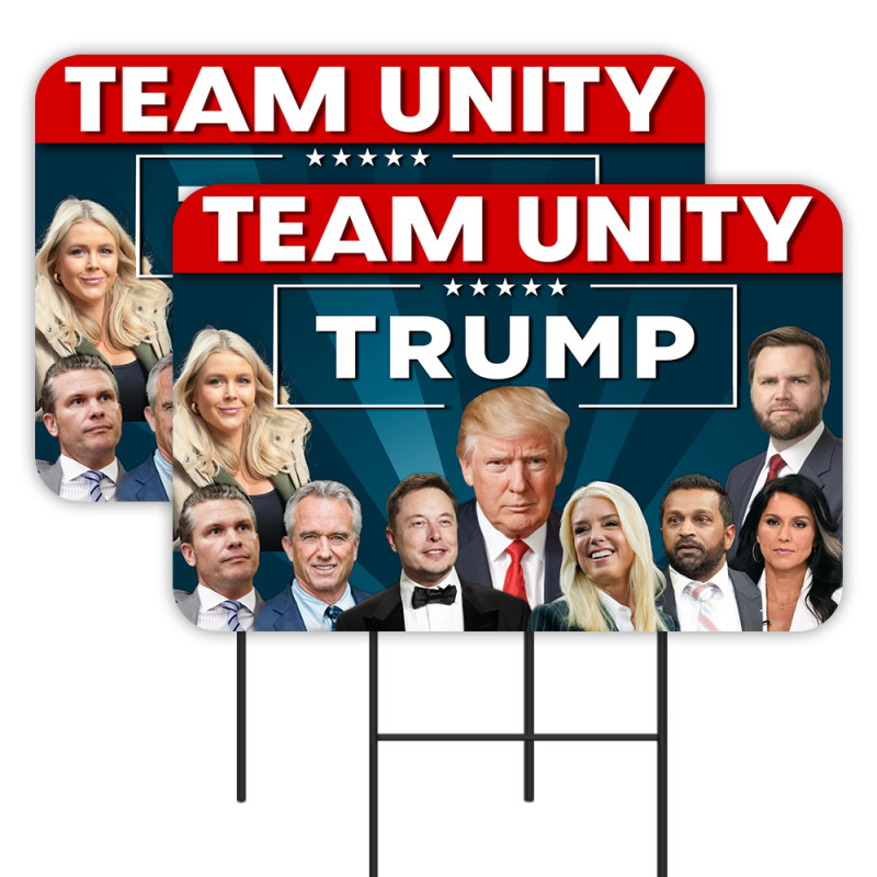 Team Unity - Trump, Vance, Musk, Tulsi, RFK Jr. Bondi 2 Pack Double-Sided Yard Signs 16" x 24" with Metal Stakes (Made in Texas)