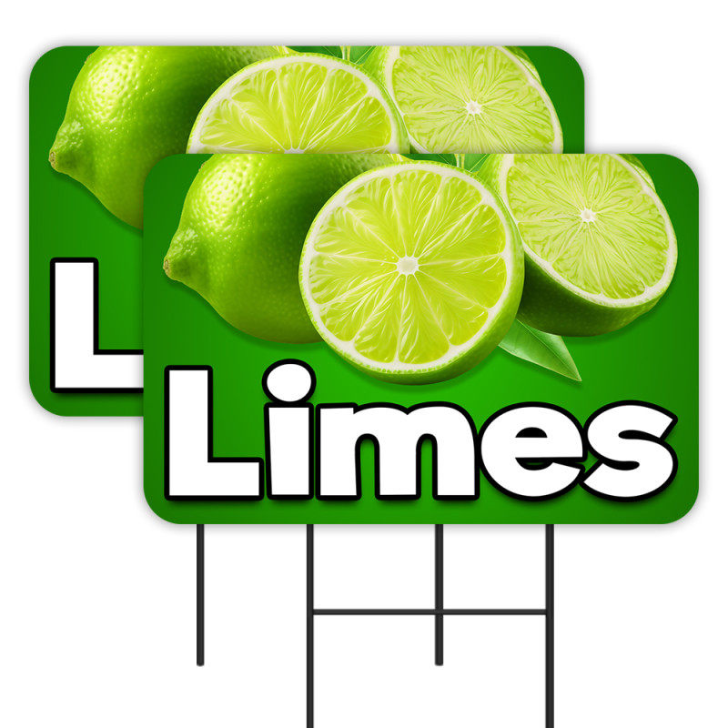 Limes - Citrus Produce 2 Pack Double-Sided Yard Signs 16" x 24" with Metal Stakes (Made in Texas)