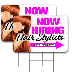 2 Pack Now Hiring Hair Stylists (Arrow) Yard Sign 16" x 24" - Double-Sided Print, with Metal Stakes 841098168810