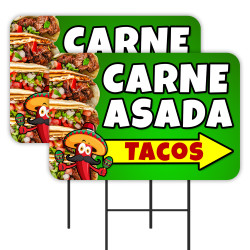 Carne Asada Tacos - Mexican Food 2 Pack Double-Sided Yard Signs 16" x 24" with Metal Stakes (Made in Texas)