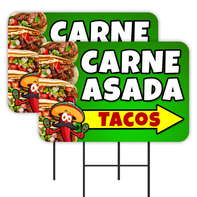 Carne Asada Tacos - Mexican Food 2 Pack Double-Sided Yard Signs 16" x 24" with Metal Stakes (Made in Texas)